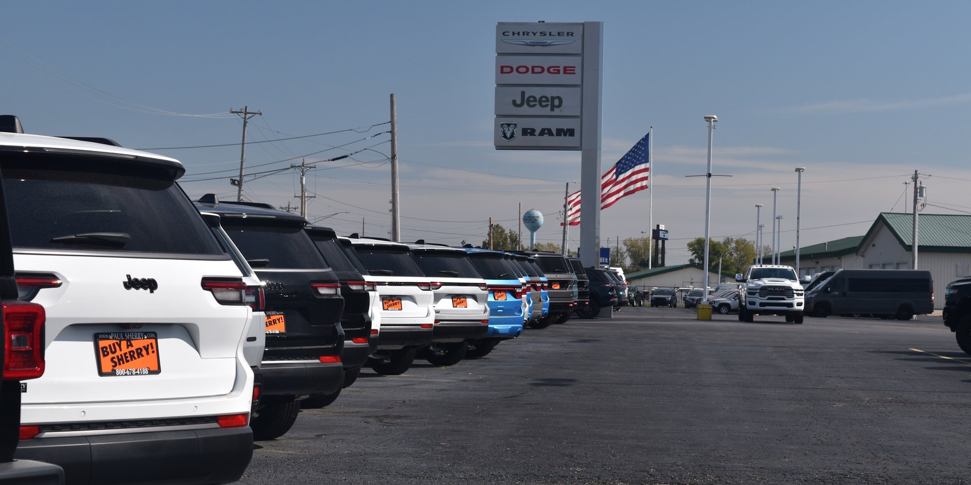 New cars, SUVs and trucks on the lot at Paul Sherry Chrysler Dodge Jeep RAM in Piqua, Ohio